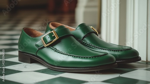 Stylish green leather shoes with buckle placed on a checkered floor