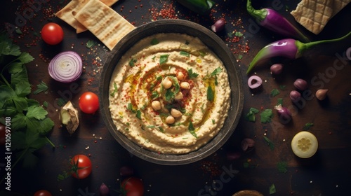 Hummus Dish with Pita Bread photo