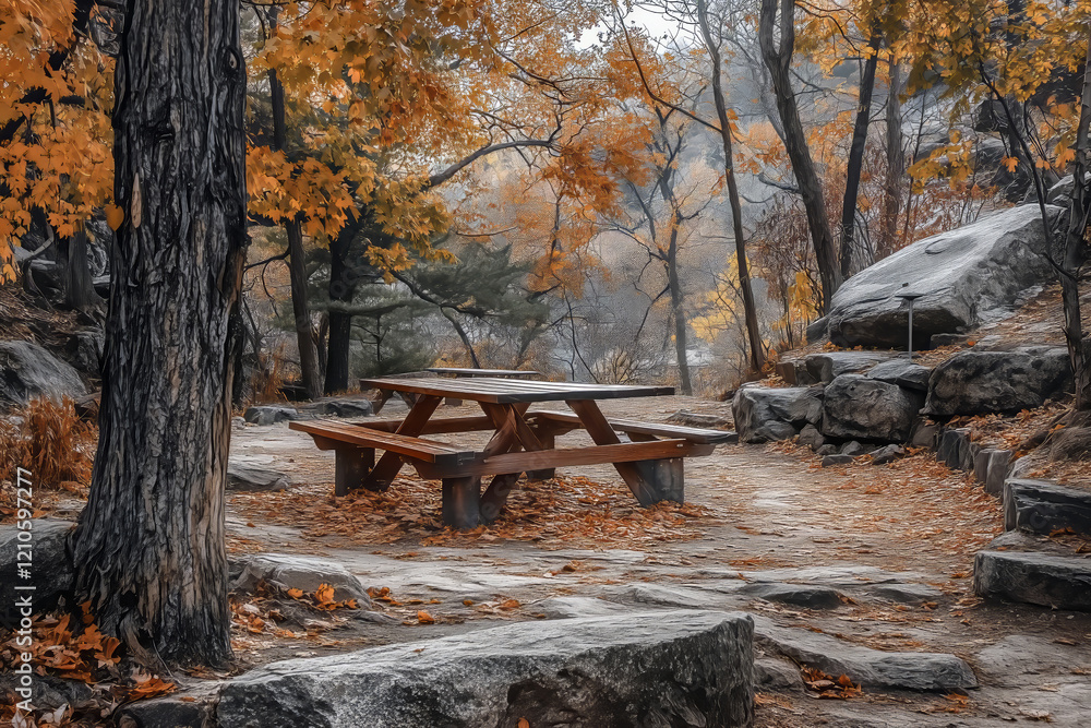 Enjoying nature at a trail-side picnic area surrounded by autumn foliage