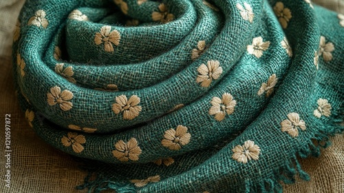 Elegant green fabric with floral design draped on a delicate surface