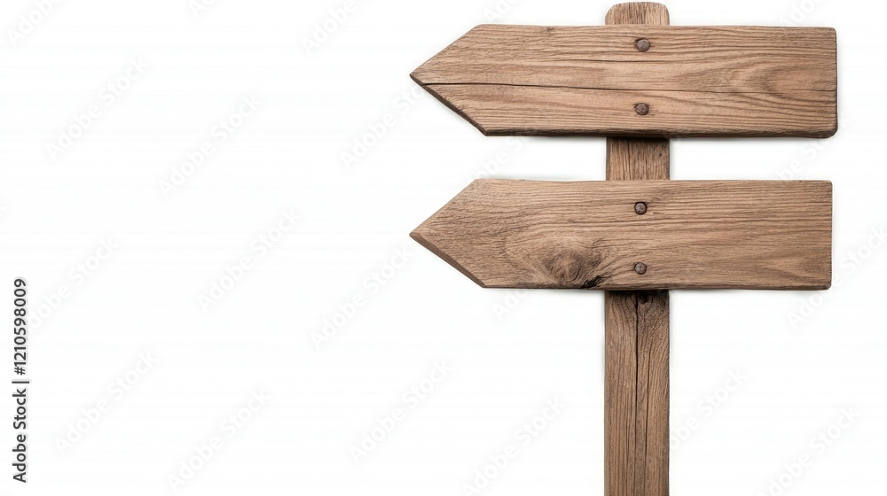 Wooden directional signpost with two arrows pointing in opposite directions against a plain background Wooden directional signpost with two arrows pointing in opposite directions against a plain background
