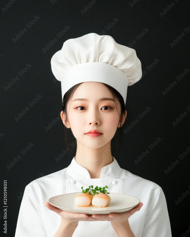 Gourmet Culinary Portrait Asian Female Chef, 40, Displays Exquisite Scallop Dish with Micro Herbs - Artistic Food Styling and Professional Kitchen Expertise for Restaurant Marketing Gourmet Culinary Portrait Asian Female Chef, 40, Displays Exquisite Scallop Dish with Micro Herbs - Artistic Food Styling and Professional Kitchen Expertise for Restaurant Marketing