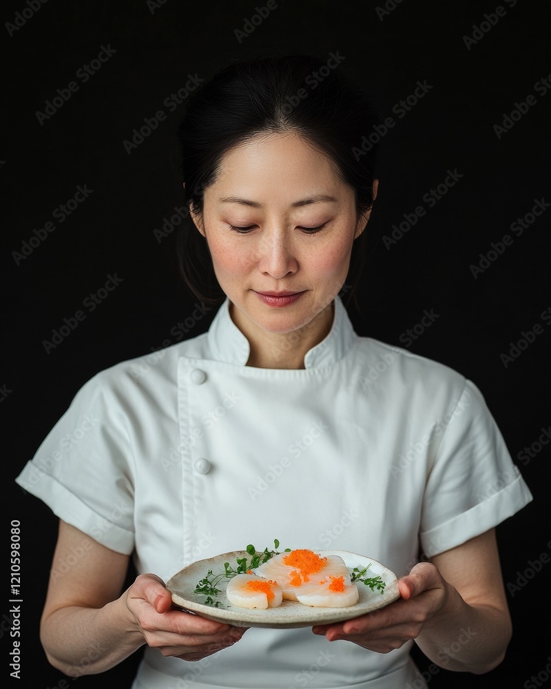 Elevated Culinary Craft Athletic Asian Female Chef Perfecting Scallop Dish with Micro Herbs in Dimly Lit Kitchen - Gourmet Content and Restaurant Branding for Luxury Dining Experiences Elevated Culinary Craft Athletic Asian Female Chef Perfecting Scallop Dish with Micro Herbs in Dimly Lit Kitchen - Gourmet Content and Restaurant Branding for Luxury Dining Experiences