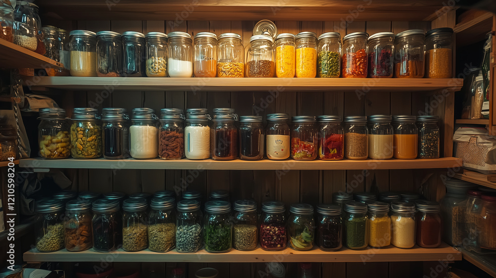 Zero-waste pantry organization showcasing glass jars filled with wholesome foods Zero-waste pantry organization showcasing glass jars filled with wholesome foods