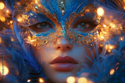 Beautiful woman wearing an elaborate blue mask with shimmering lights during ...