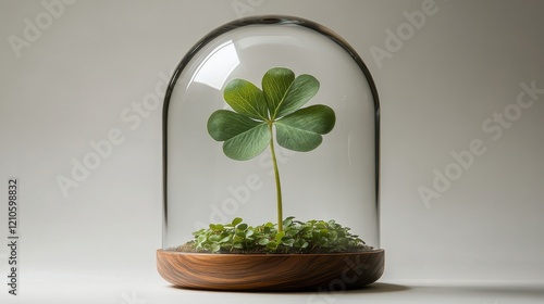 Unique glass dome showcasing a four-leaf clover resting on moss in a wooden base