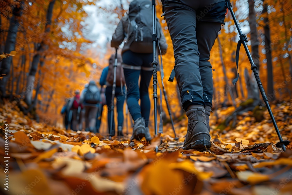 Close-up of the legs of a group of seniors hiking in a scenic forest trail during autumn Close-up of the legs of a group of seniors hiking in a scenic forest trail during autumn