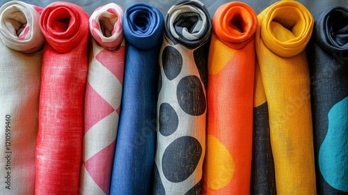 Colorful textiles arranged neatly in a cozy indoor setting showcasing vibrant...