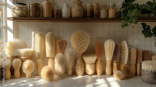 Craftsmanship of natural shaving brushes displayed in a modern grooming store