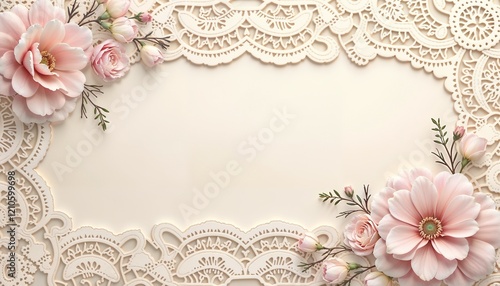 Delicate floral arrangement of blush pink flowers and roses with intricate lace patterns on an elegant beige background. For wedding invitations, romantic designs, or vintage-themed decorations