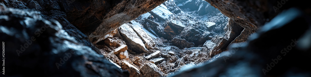 Interior View of Rock Chasm with Snow and Fractured Rock Interior View of Rock Chasm with Snow and Fractured Rock