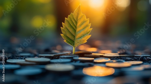 Green plant growing in soil surrounded by coins at sunset signaling investmen...