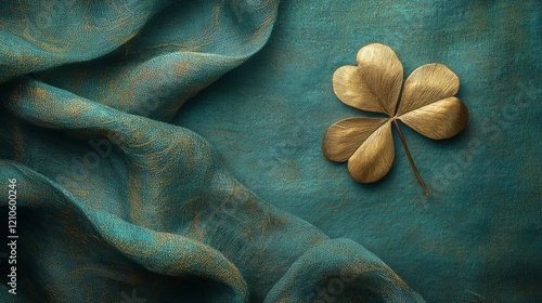 Beautiful golden flower placed on textured green fabric highlighting intricat...