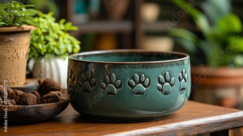 Unique ceramic bowl with paw print designs on wooden table in a cozy indoor s...