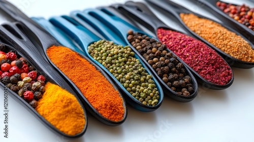 Various spices displayed in measuring spoons on a marble kitchen countertop