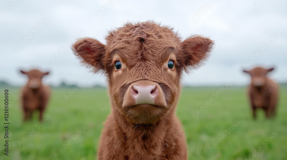 Highland calf stares, pasture background, rural farm. Perfect for agriculture Highland calf stares, pasture background, rural farm. Perfect for agriculture
