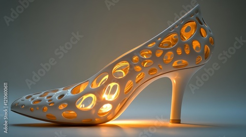 Stylish wooden high heel shoe with intricate cutouts showcasing light effects