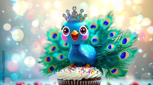 Crowned peacock cupcake, bokeh background, celebration