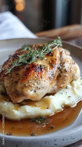 Delicious grilled chicken breast served on creamy mashed potatoes with fresh ...