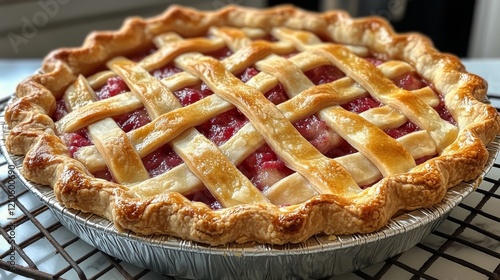 Freshly baked cherry pie cooling on a wire rack in a kitchen setting