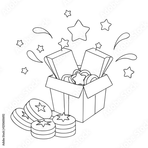 Outline illustration of a gift box overflowing with stars and coins in a playful style