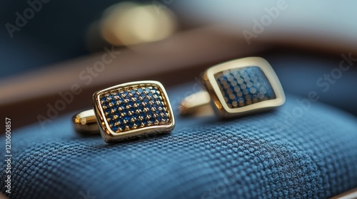 Elegant black cufflinks showcased on soft fabric with a warm background enhan...