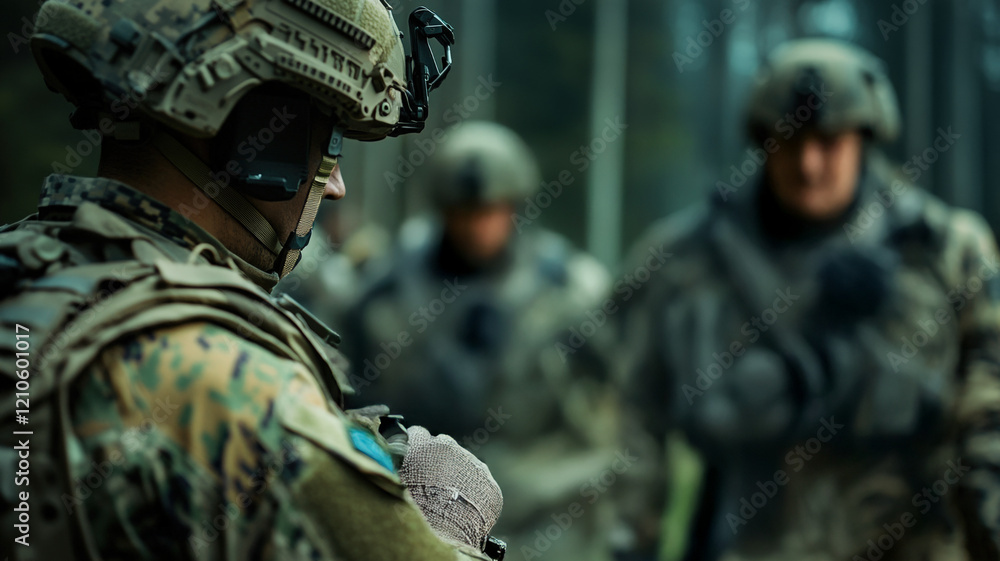 A focused soldier in the foreground with a team of military personnel in tactical training in the woods