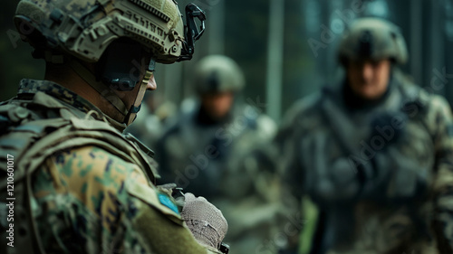 Obraz na płótnie A focused soldier in the foreground with a team of military personnel in tactical training in the woods w salonie