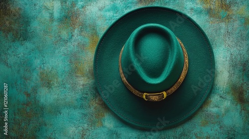Unique green felt hat with brown band on textured teal background