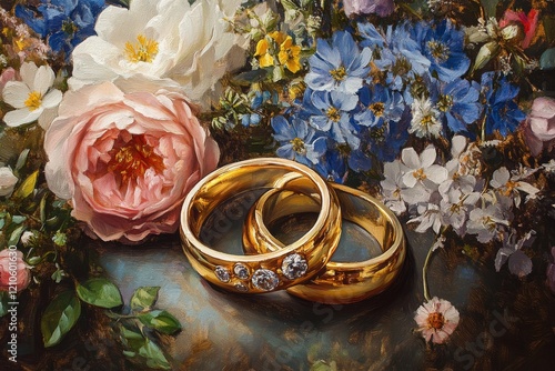 Golden wedding rings adorned by blooming flowers on a tranquil background