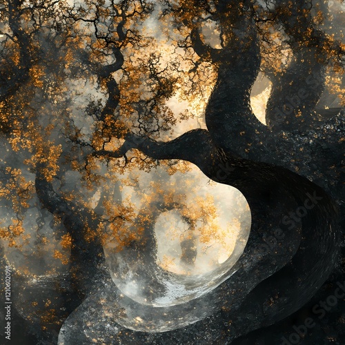 Ancient Oak Embrace: A surreal, dreamlike image of a majestic oak tree, its branches twisting and turning in an ethereal embrace, bathed in warm, golden light filtering through a misty atmosphere. photo