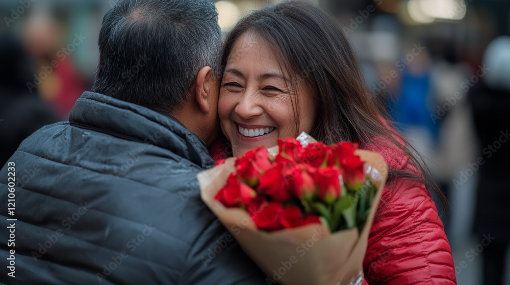 Happy couple on the street with flowers. Happy couple on the street with flowers.