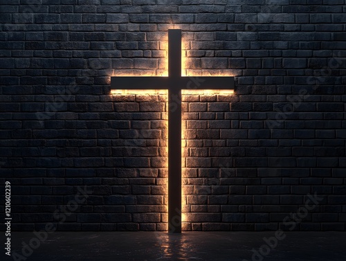 Illuminated large cross in front of a black brick wall