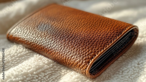 Elegant brown leather wallet resting on a soft surface in natural light