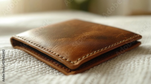 Elegant brown leather wallet resting on a soft surface in natural light