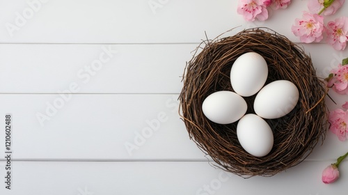 Elegant White Easter Eggs Nestled in a Woven Nest with Pink Blossoms on Pastel White Background 2