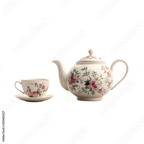 a decorative porcelain teapot isolated on transparent PNG.