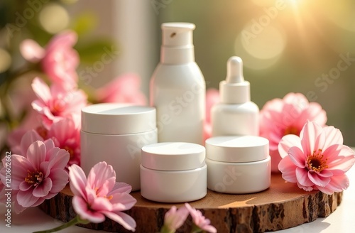 Mockup of white jars and tubes without labels of different shapes and sizes on a background of pink flowers. Mockup for manufacturers and sellers of skin care cosmetics.
