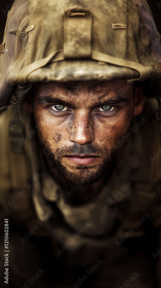 Fototapeta premium A soldier stares intensely into the camera, revealing a face marked by dirt and sweat. His expression conveys the weight of duty and the challenges faced in combat.