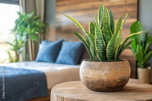 Bright rays illuminate a potted plant on a wooden table against a softly lit ...