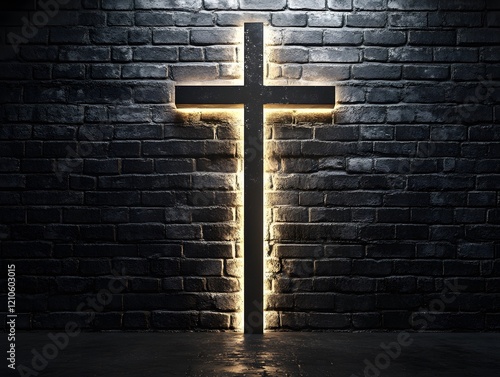 Illuminated large cross in front of a black brick wall