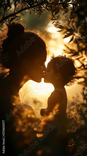 Mother and child sharing a tender moment during sunset surrounded by nature