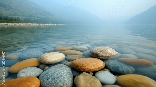 Calm water with smooth stones at the edge of a serene lake surrounded by mist...