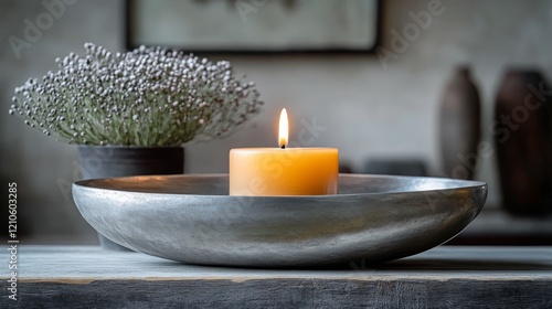 Elegant candle burning on a decorative holder with dried flowers in a warm an...