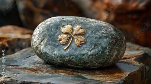 Elegant golden flower brooch resting on a smooth green stone in soft natural ...