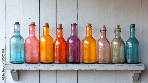 Colorful glass bottles arranged in a row on a rustic shelf against a white wall