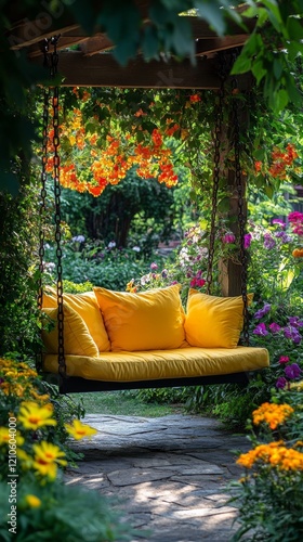 Cozy yellow swing surrounded by vibrant flowers in a serene garden setting