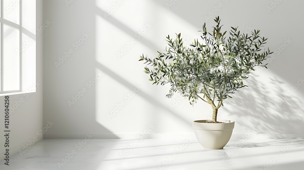 Beautiful young potted olive tree near white wall indoors Beautiful young potted olive tree near white wall indoors