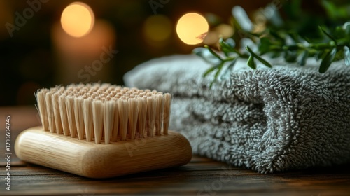 Wooden brush placed on a soft white towel beside greenery in a cozy indoor se...