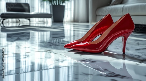 Elegant red high heel shoes on a marble floor in bright natural light during ...